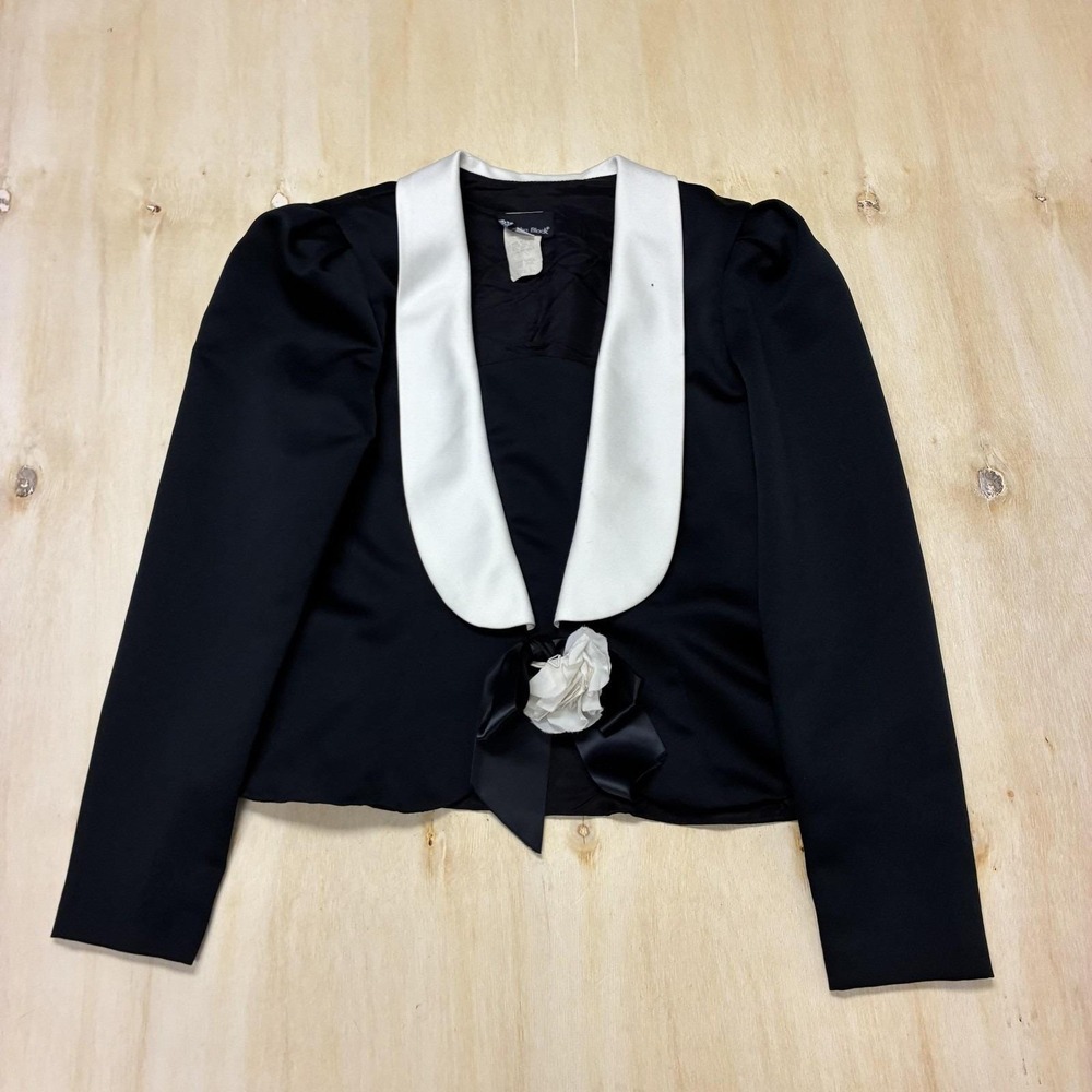 Vintage Samantha Black Jacket Womens 10 Black White Satin Shawl Collar Tie Bow